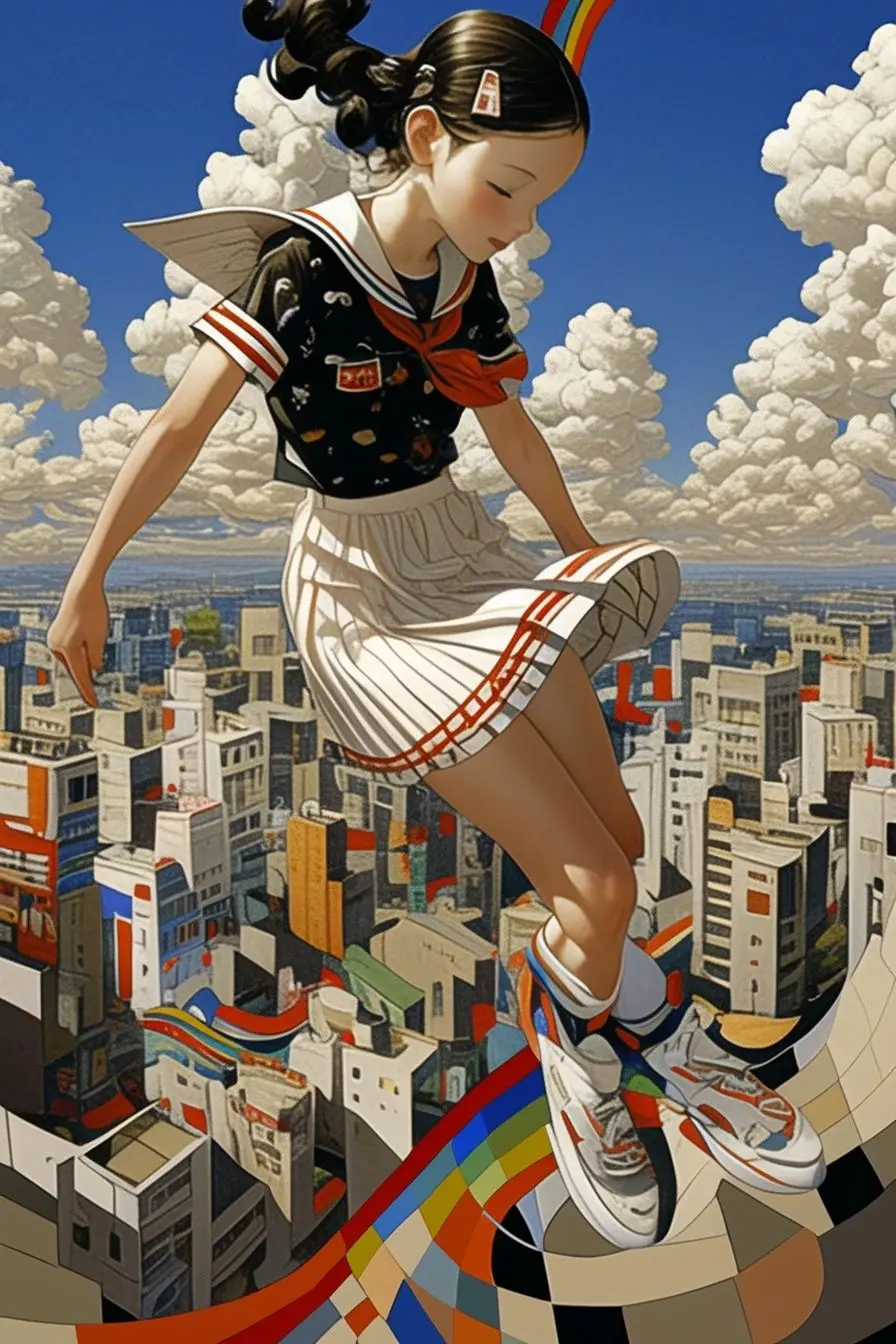 

1000pcs Jigsaw Puzzle Surreal Schoolgirl Above City Puzzles for Gameroom Bedroom Livingroom Gift Challenging Game