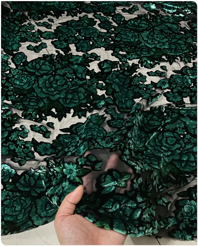 2022 Dark Green Rose Flower Burnt Out Hollow Silk Velvet Fabric 10.5