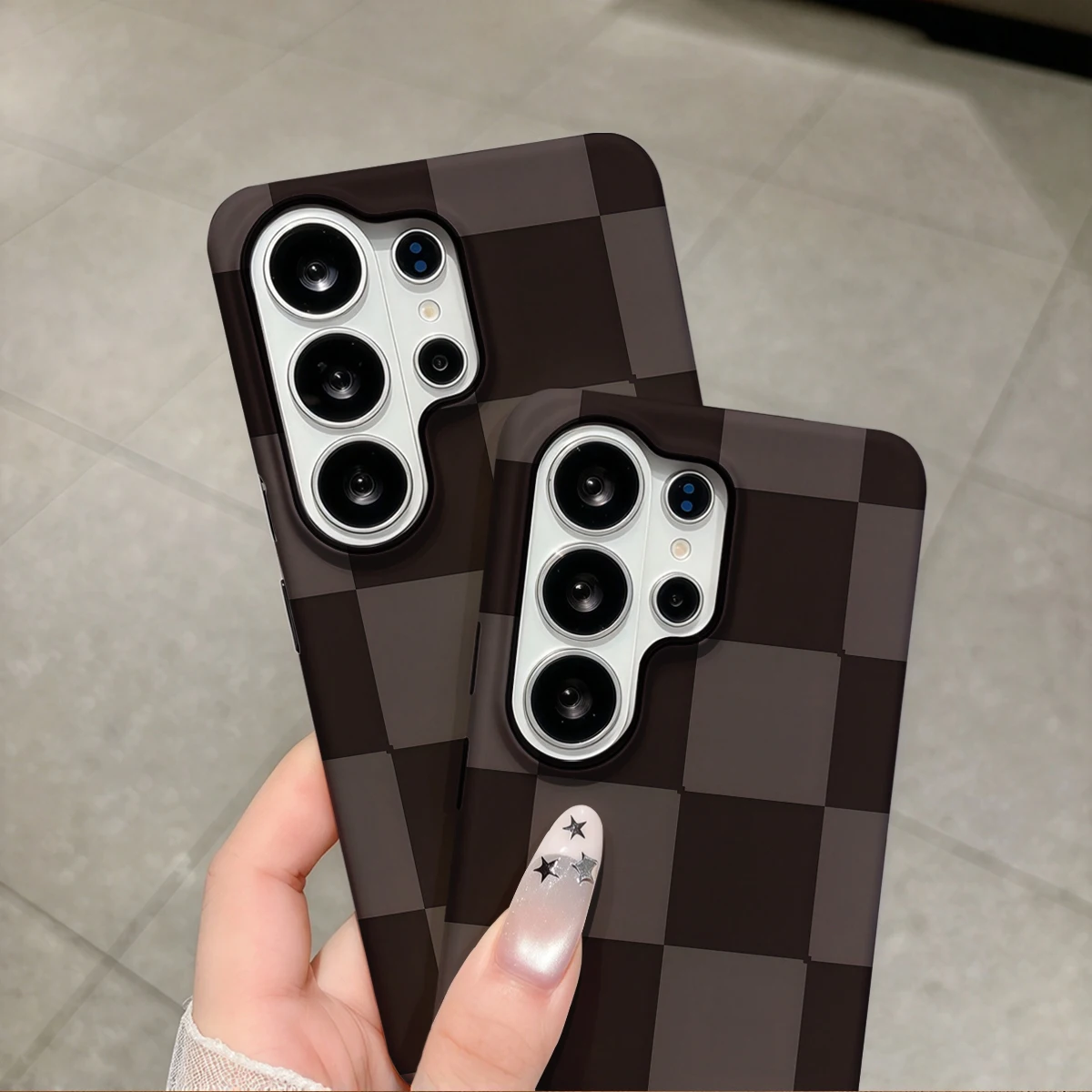 Brown Taupe Checkerboard Phone Case For Samsung Galaxy S26 S25 Ultra S24 S23 Plus Hard Shock‑Absorption 2-in-1Protective Cover