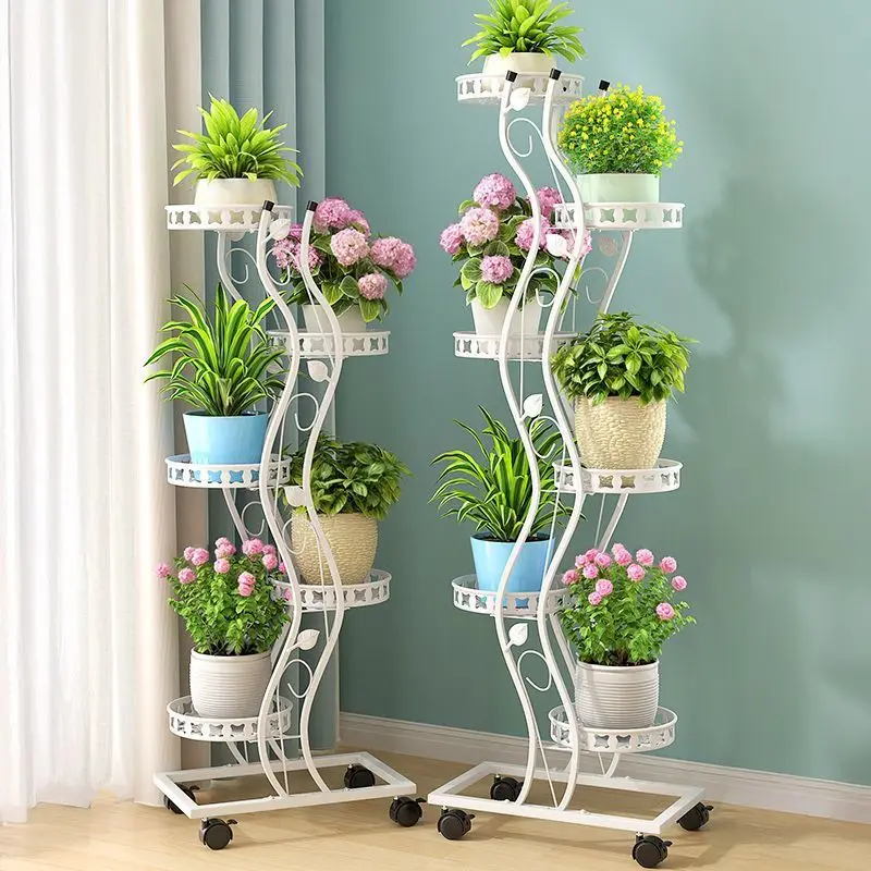 Yi Balcony Indoor Living Room Level Mobile Flower Pot Rack Space-Saving Flower Rack