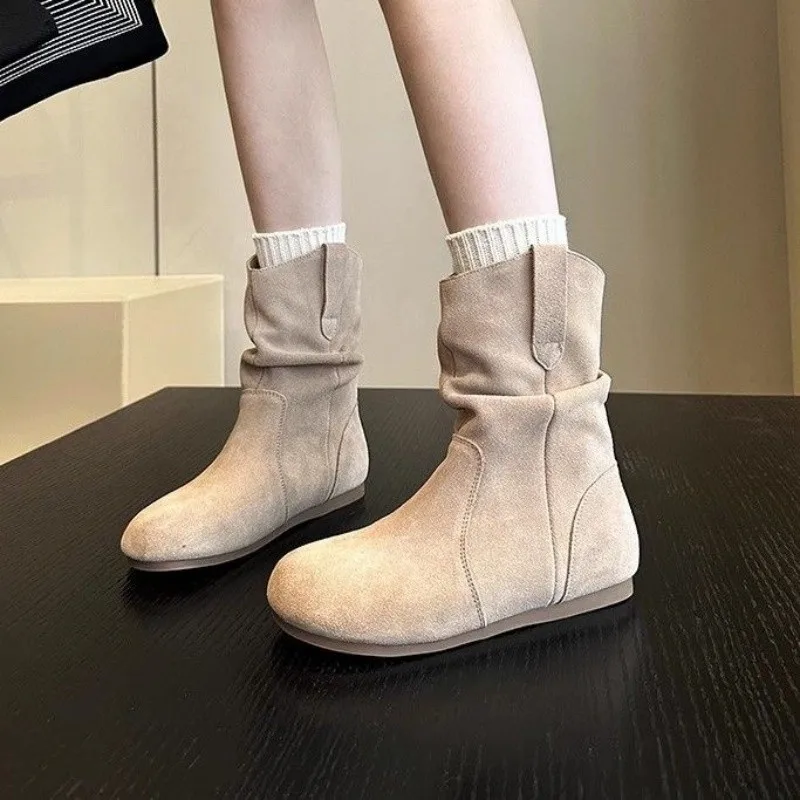 Flats Suede Casual Shoes Women Ankle Boots Slip-on Autumn New Apricot Goth Round Toe Short Botas Retro Versatile Chelsea Botines