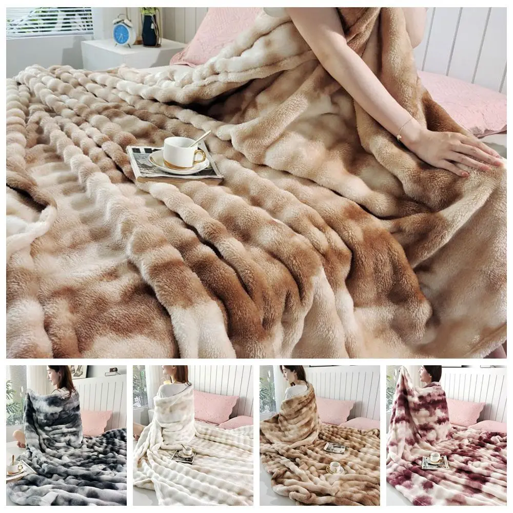 New Faux Rabbit Fur Warm Blanket Double Sided Skin-Friendly Throw Blanket Ultra Soft Solid Color Plush Striped Blankets
