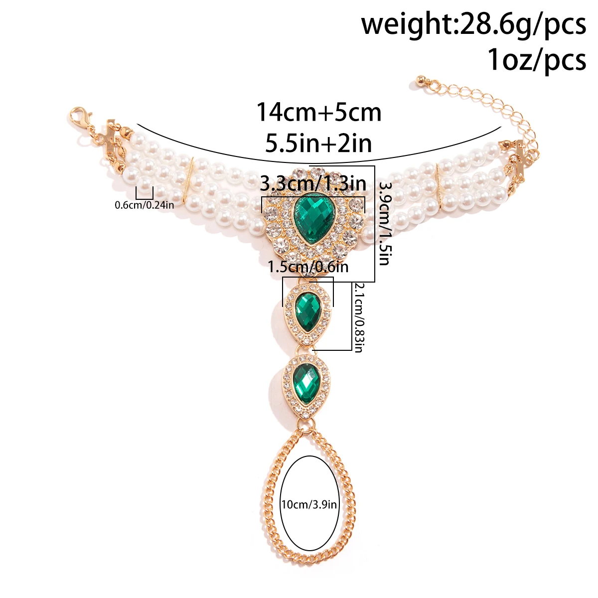 KunJoe  Luxury Green Rhinestone Droplet Connected Finger Chain Bracelet Women Elegant Multi-layer Imitation Pearl Bracelet