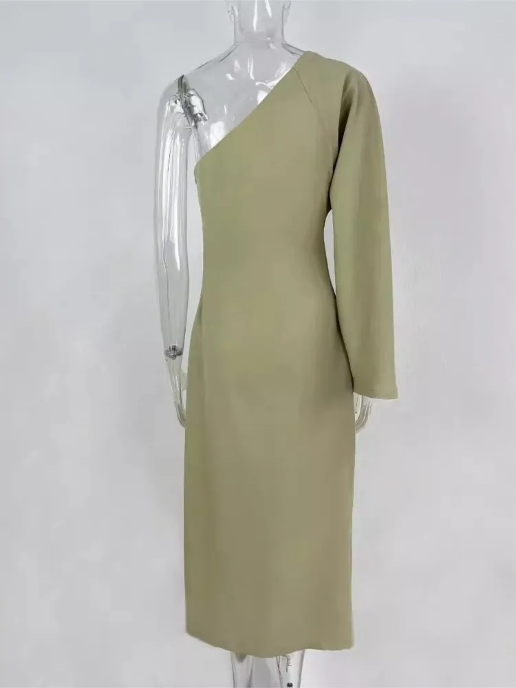 Vestidos sexis de manga larga con un hombro para mujer, vestido elegante con espalda descubierta y abertura lateral, vestido ajustado, moda de ocio, bata plisada para mujer