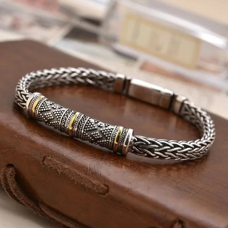 

Real Solid 925 Sterling Silver Chain Men Lucky Carved Foxtail Braided Bracelet 30.5g /20cm