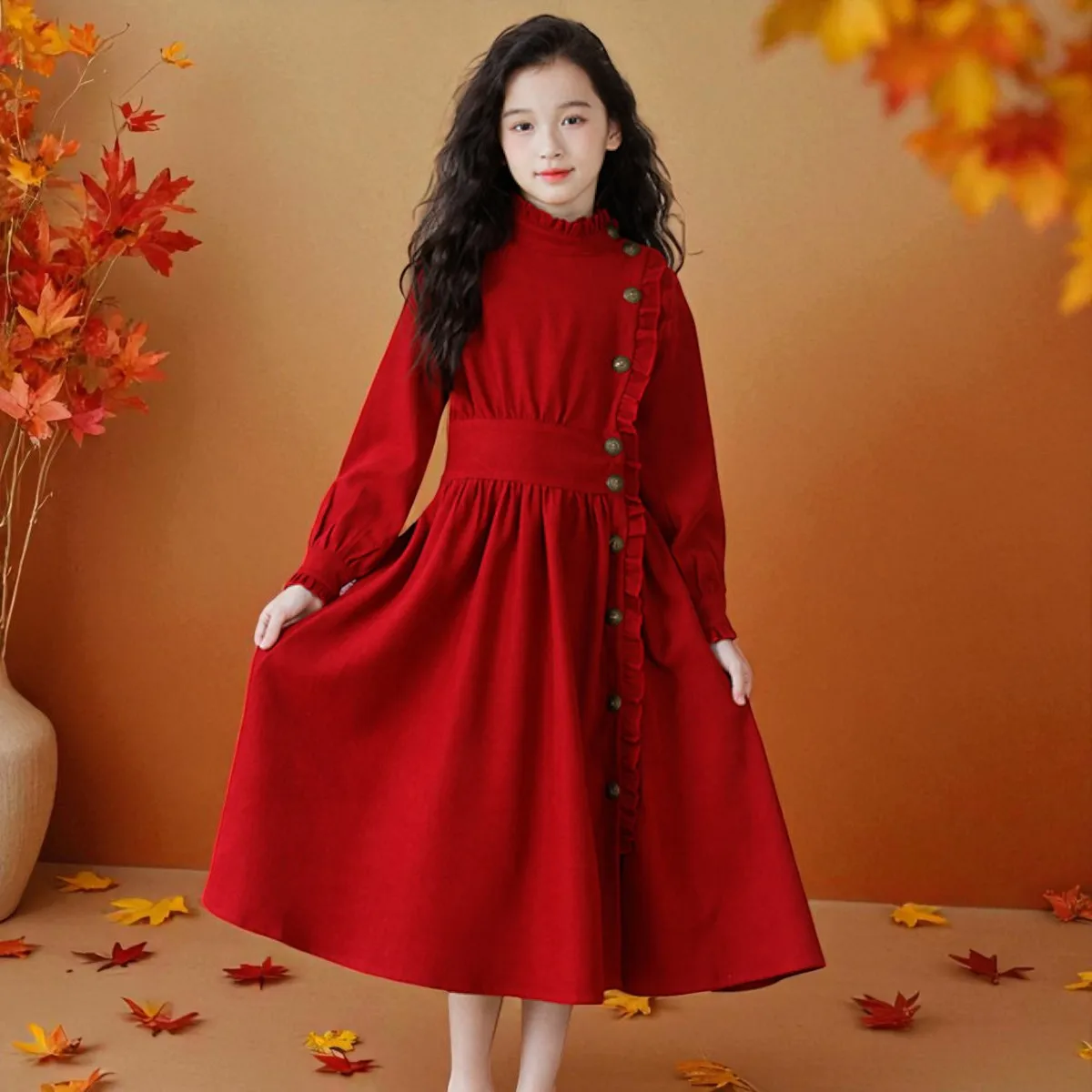 Kids Dress Red Corduroy Dress for Girls Christmas Dress Party Maxi outfits Teenagers Autumn Winter Dress Children Costumes 6-12