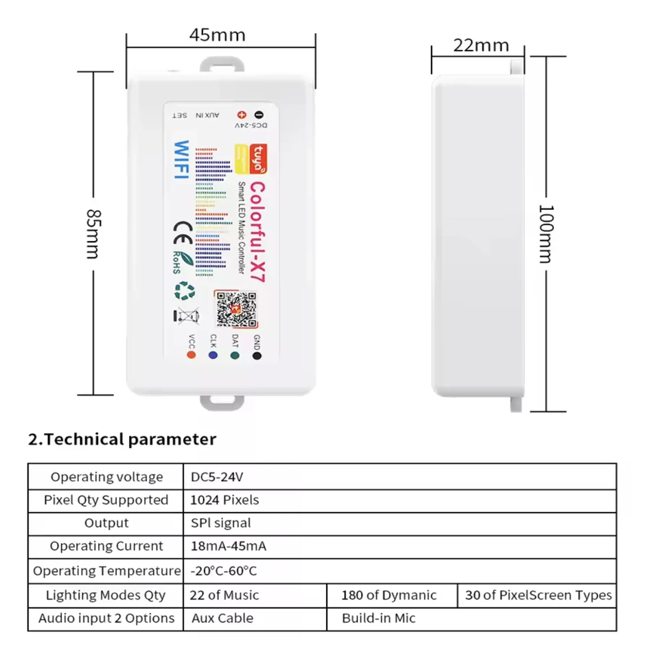 5V-24V Smart Tuya APP Led SPI LED Controller Colorful-X7 WiFi Music Controller WS2812B WS2811 SK6812 RGB Led Pixel Strip Light