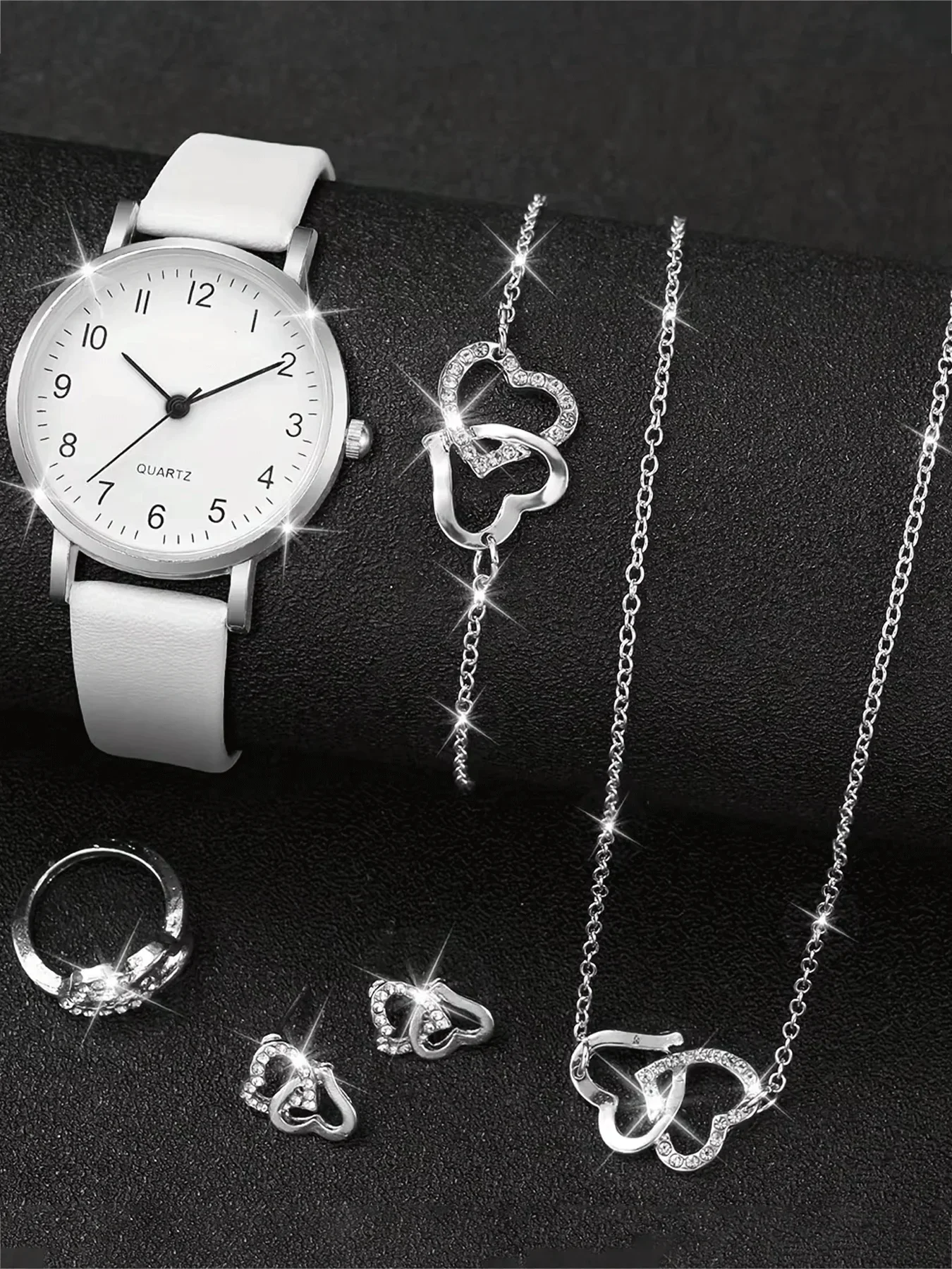 6pcs  women's fashionable PU leather strap quartz watch with heart-shaped jewelry set watch