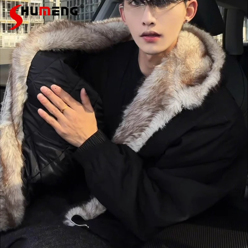 Men's 2025 Winter New High-End Hooded Faux Fur Collar Parkas Long Sleeve Thickened Cotton Jackets American Style Cotton Coats