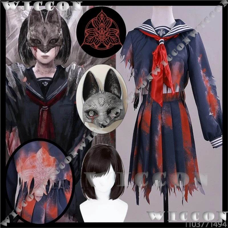 

Shimizu Hinako Blood Suit Game Silent Cosplay Blue Dress Battle Damage Ver Fox Mask Tattoo Sticker Halloween Female War Goddess