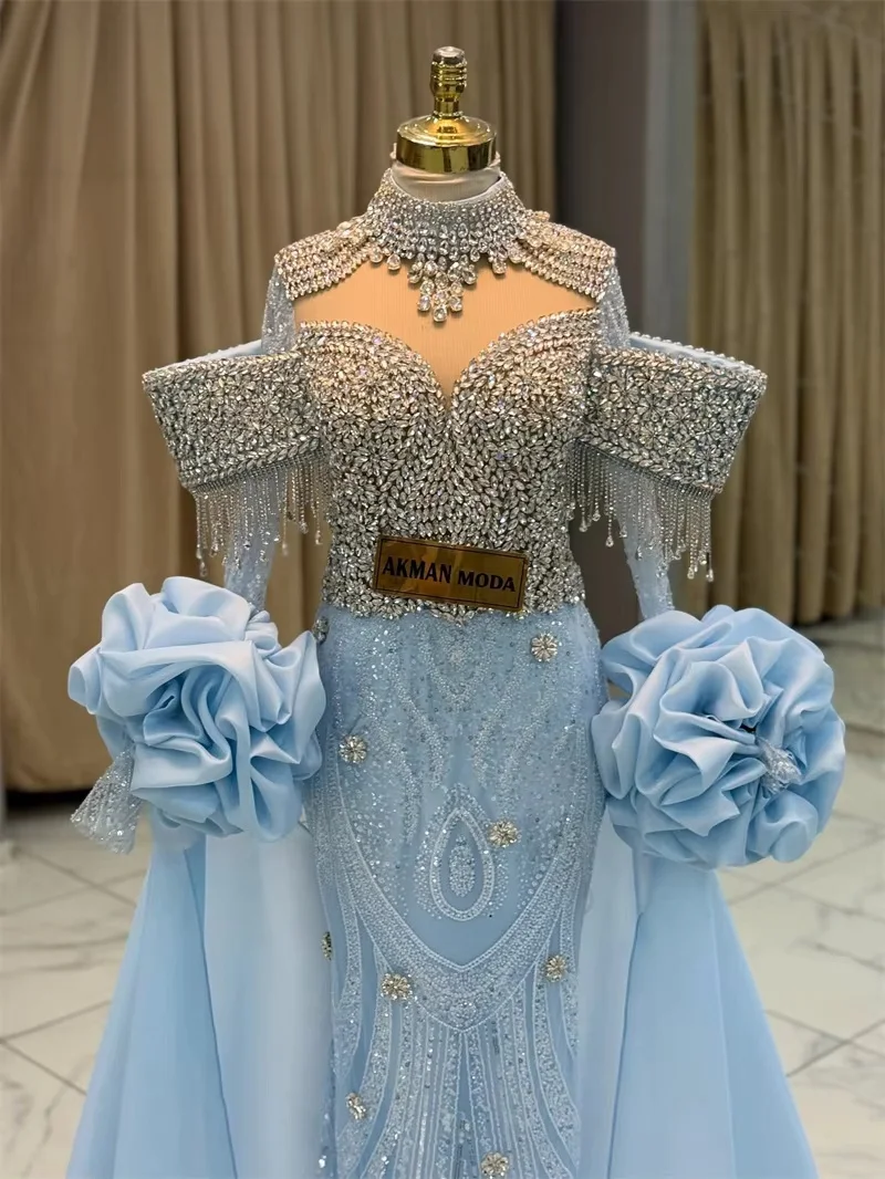 Sky Blue Long Sleeves Evening Dresses Luxury Beaded Saudi Arabia Dubai Robe De Soiree Middle Eastern Prom Dress Gown Customized
