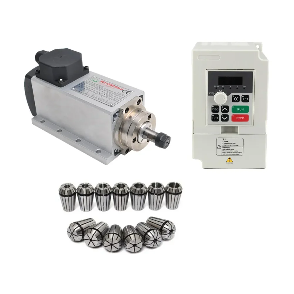 1.5 Kw 110V/220V Square Flanged Air Cooled CNC Router Spindle Motor and 1.5kw Inverter with 13PCS ER11 Collets