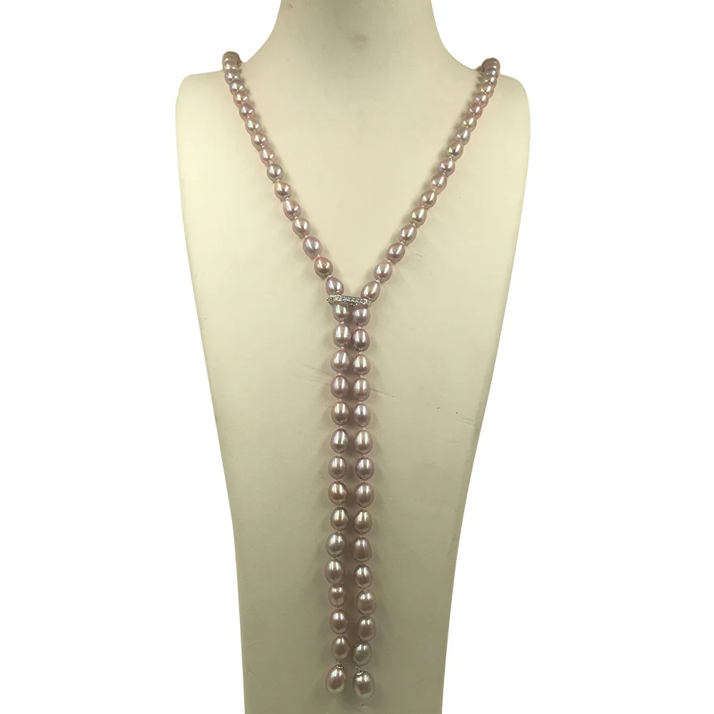 

90cm LONG NECKLACE 925 silver adjustable clasp 100% NATURE FRESHWATER RICE PEARL-AAA pearl Good quality