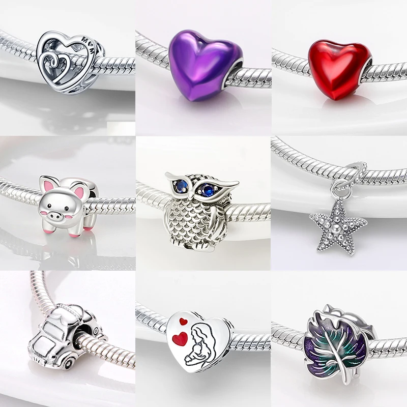 Hot Sale Charms Fit Pandora 925 Original Bracelet Silvering Owl With Blue Zircon Red Heart Charms Beads Fine DIY Jewelry Making