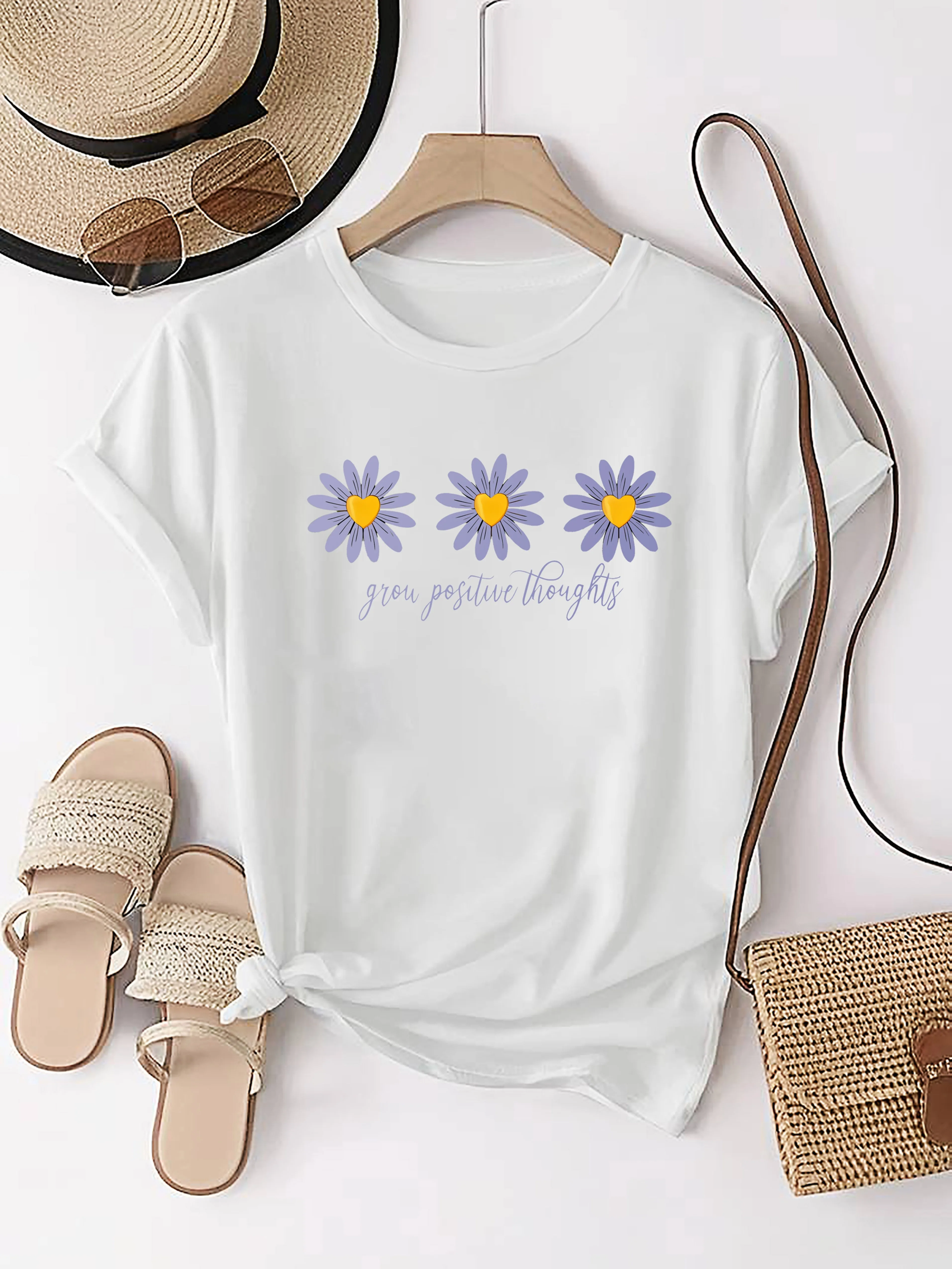 

Женская светло-желтая футболка с цветочным принтом, не прозрачный топ с круглым вырезом и цветочным принтом в стиле Харадзюку, повседневная с коротким рукавом