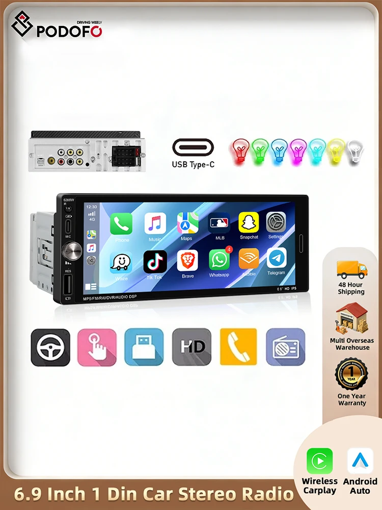 Podofo 6.9" draadloze CarPlay universele MP5-speler USB BT multimediaspeler audio stereo Mirrorlink FM EQ MP5 autoradio AUX - afbeelding 2