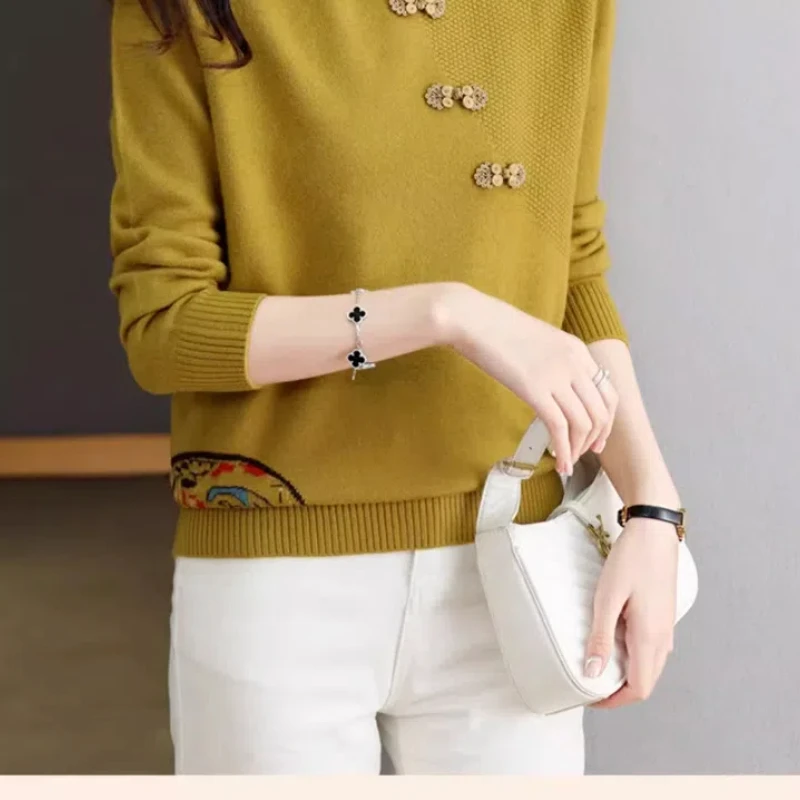 Vintage Chinese Style Autumn/Winter Pullovers Sweaters Women\'s O-Neck Frog Screw Thread Fashion Loose Long Sleeve Knitted Tops