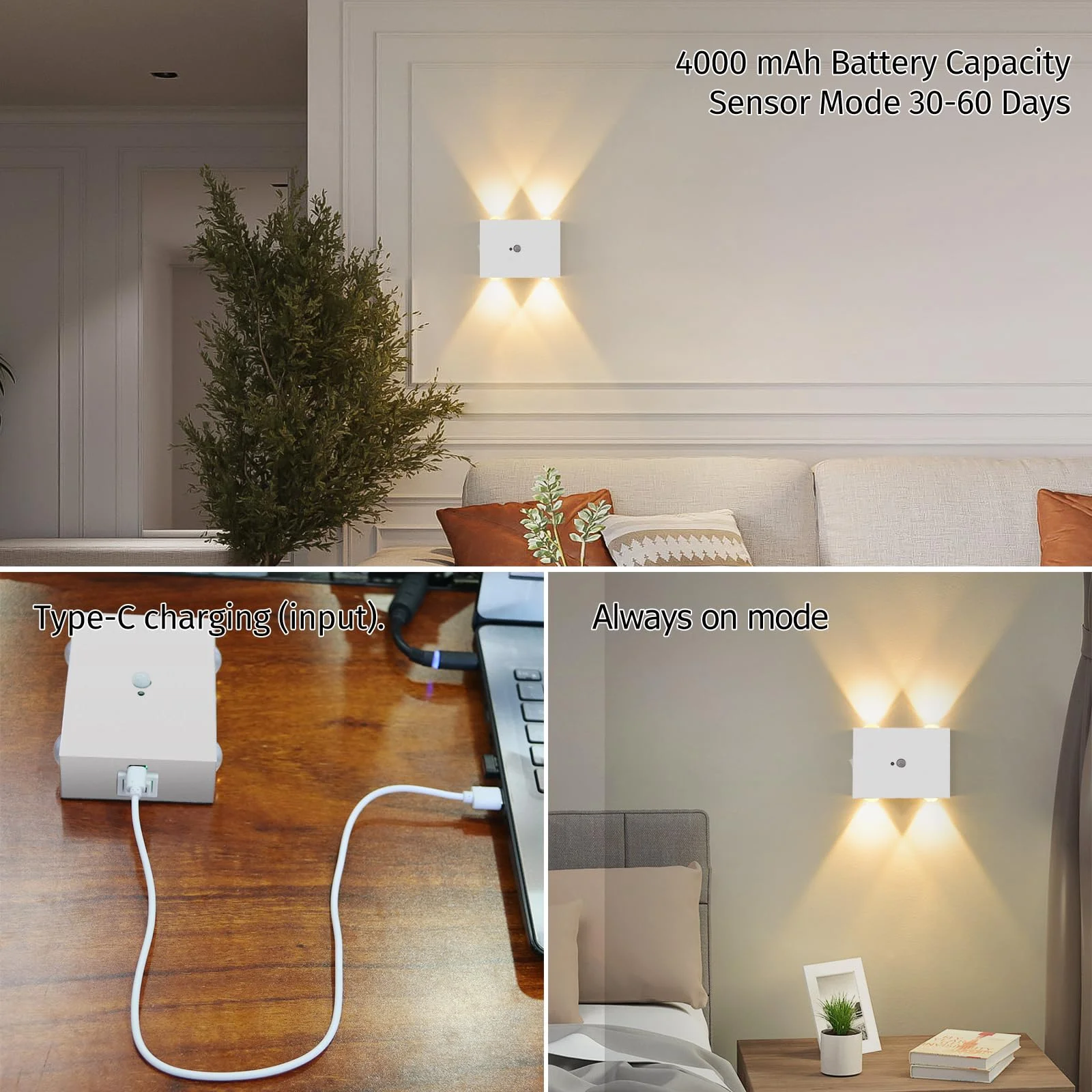 LED Wall Sconce Indoor with Motion Sensor, USB Rechargeable Wall Light Battery Operated Wireless Wall Lamps 4000 mAh for Stair