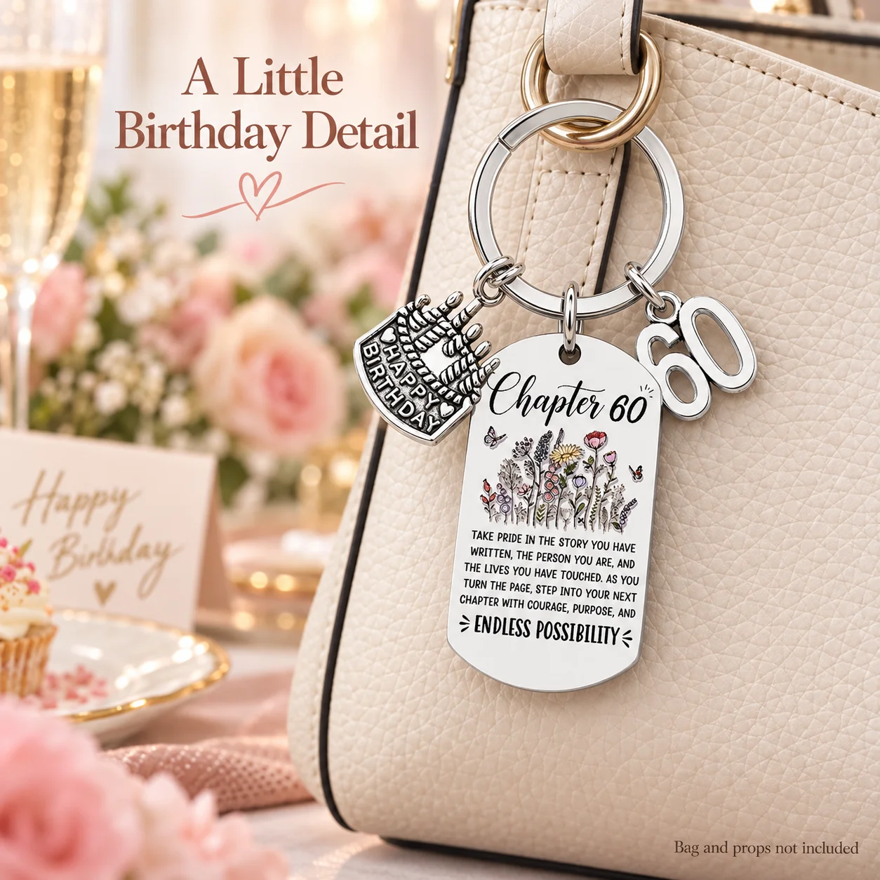 60th Birthday Keychain & Bag Charm for Women, Chapter 60 Gift with Floral Design, Cake Charm and Inspirational English Message