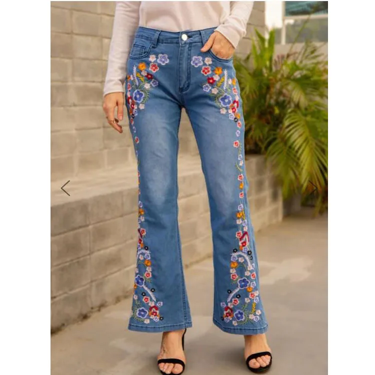 Women's Jeans 2023 Summer Flower Embroidery Loose Vintage Flare Pants Fashion Ladies Trousers Elegant All Match Streetwear Mujer