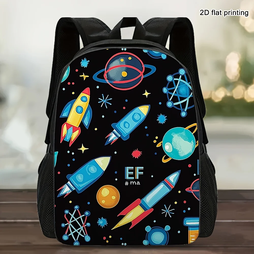 

1 Large Capacity Space Themed Travel Backpack - Vibrant 2D Flat Print with Planets, Rockets and Stars, Lightweight Washable