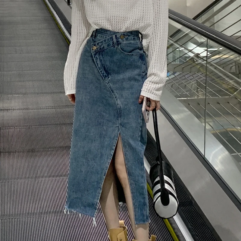 Vintage Women Casual Denim Skirt High Waist Split Front Long Jeans Skirts Midi Jeans Skirt Irregular Waist Slim-Fit Skirts Girls