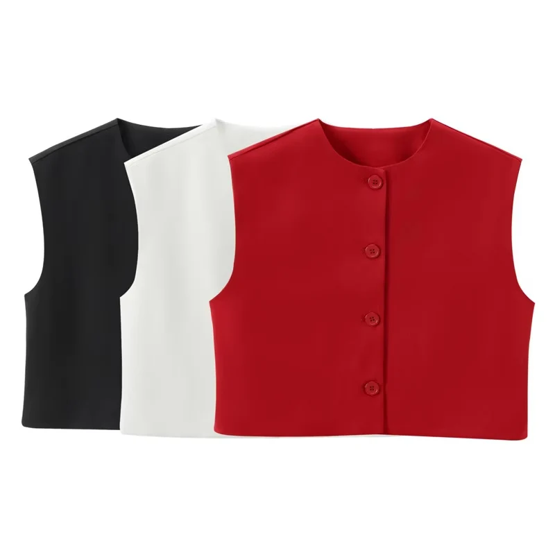 HXAO Cropped Women\'s Suit Vests Office Wear Red Black White Vest Woman Button Up Sleeveless Vests For Women Basic Waistcoat