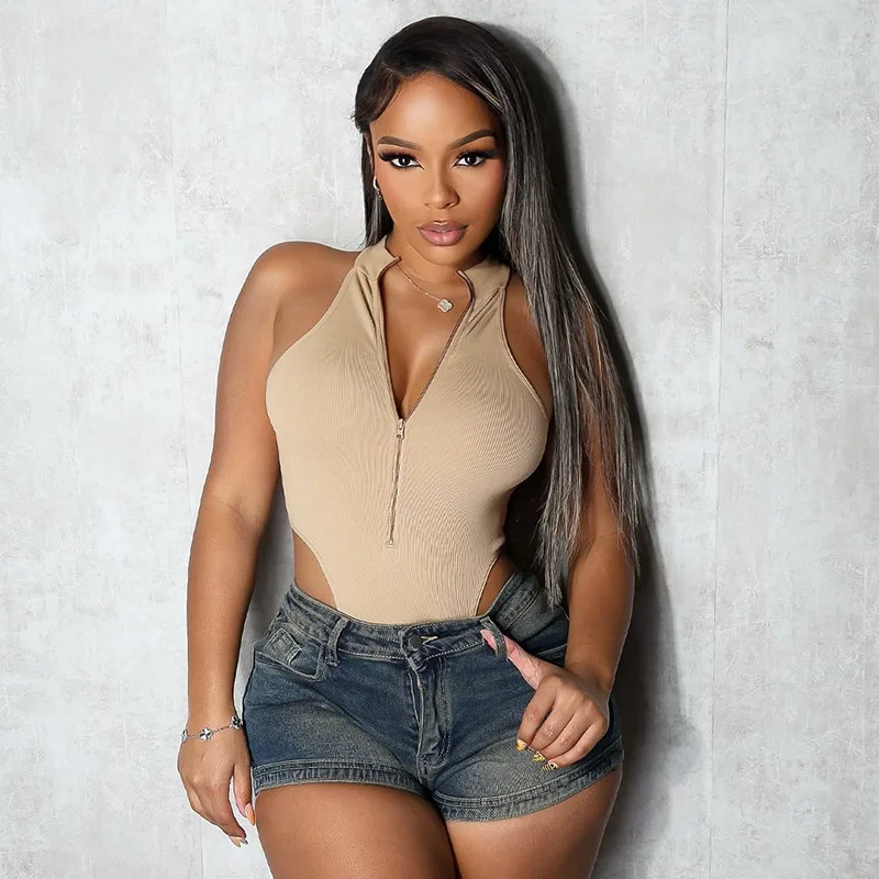 

DSMTRC Khaki High Waist Bodysuits Women Front Zipper O-Neck Sleeveless Woman Body Top Sexy Thong Texture Hot 2025 Rompers Summer