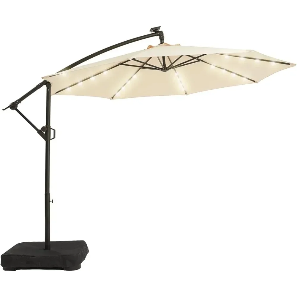 10FT Solar Patio Offset Umbrella Outdoor Cantilever Umbrella Hanging Umbrellas with Weighted Base, Market Patio Umbrella