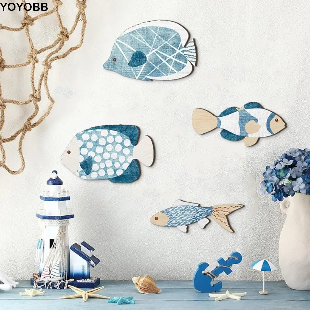 

4pcs Wooden Wood Fish Wall Hanging Ornaments Vintage Wall Art Coastal Fish Hanging Signs Funny Ocean Beach Theme