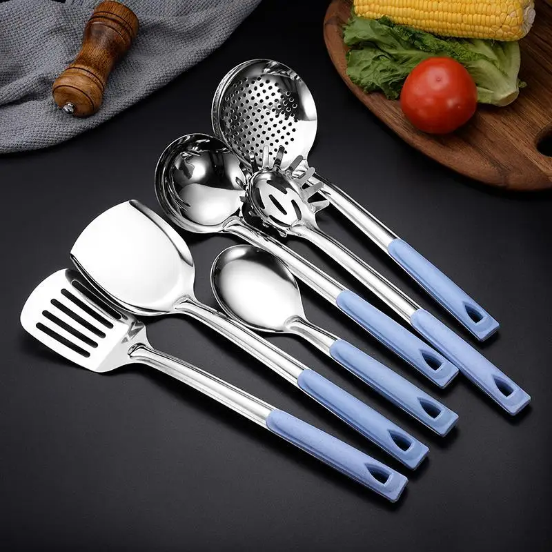 Stainless Steel Silicone Utensil Set Heat Resistant Spatula Ladle Skimmer Non Scratch Kitchen Tool for Home Food Prep Use