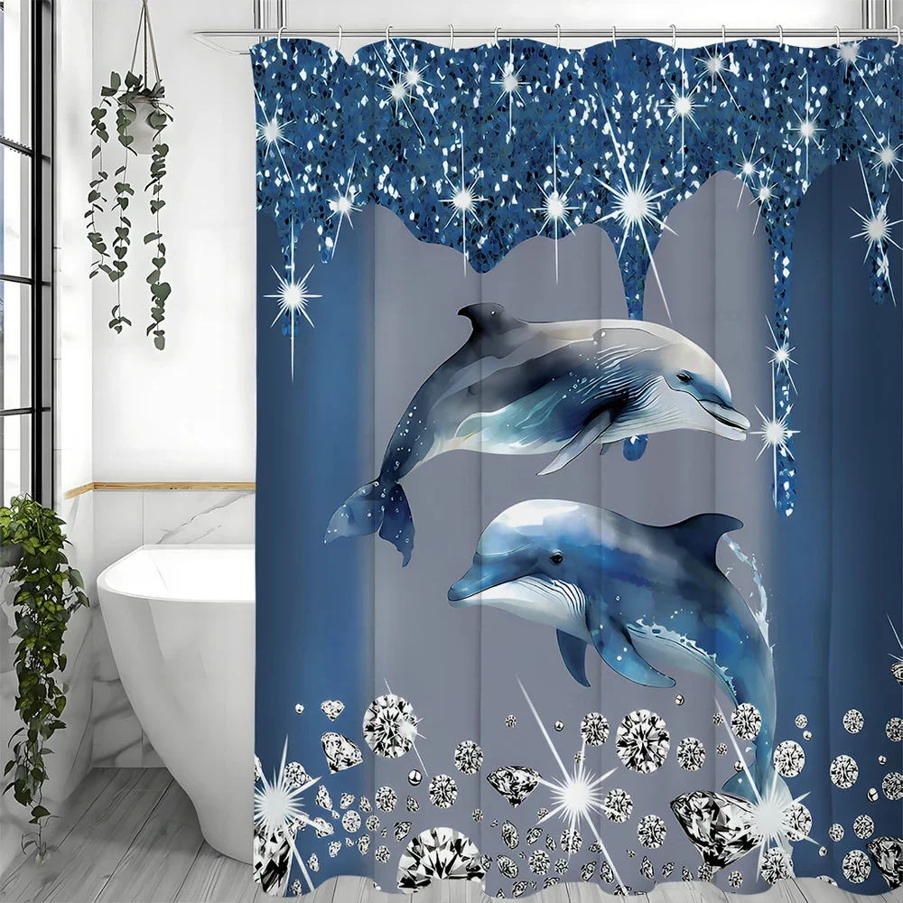 Cortina de ducha de delfín de diamante con fondo azul, delfín, cortina de ducha decorativa de baño de mampostería, cortina de ducha impermeable