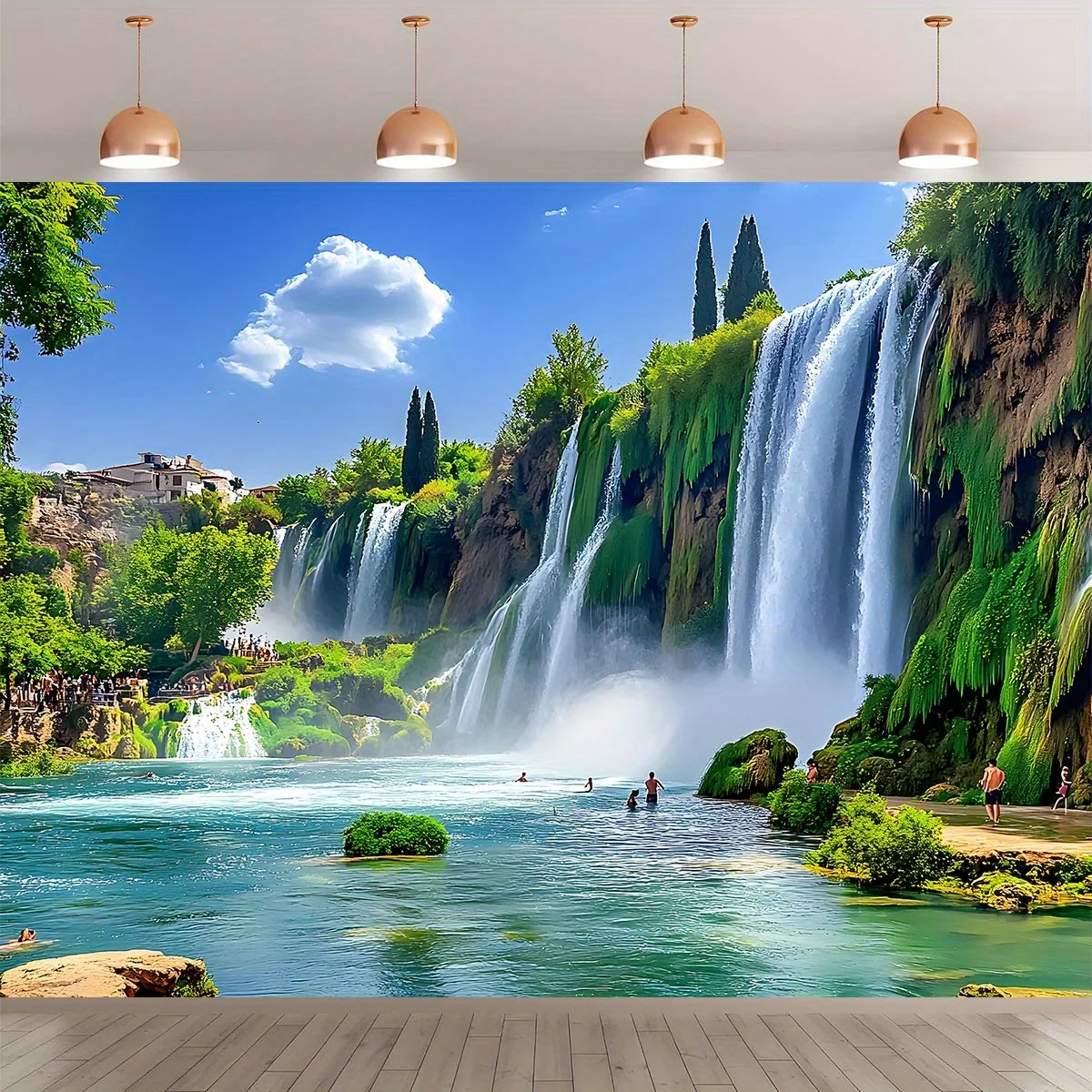 Green Forest and Waterfall Background Banner - Vibrant Landscape Wall Decoration Lush Forest Design