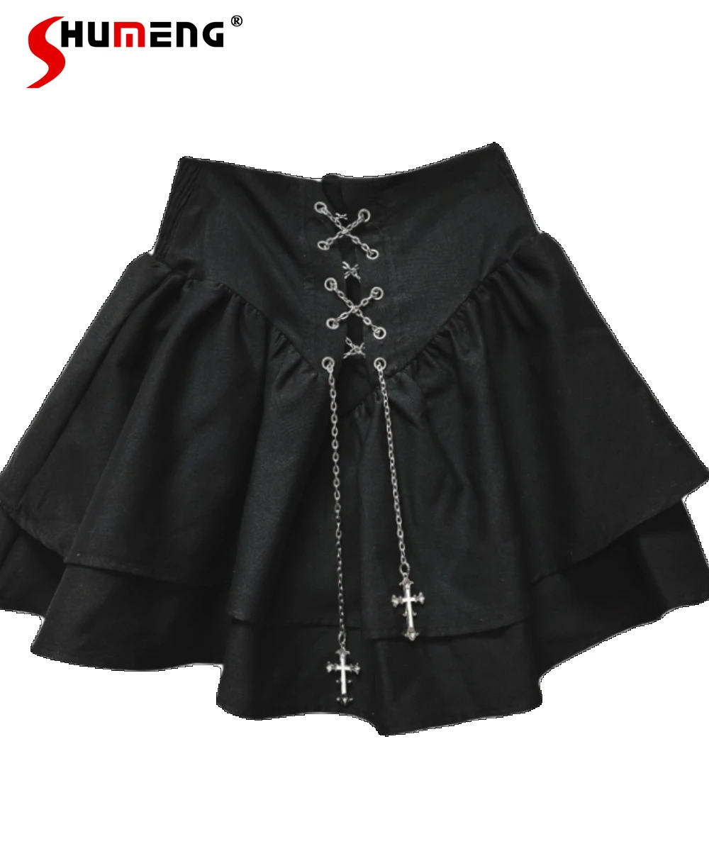 Japanese Style Gothic Dark Hot Girl Y2K Skirt Women 2024 Summer Harajuku SubCulture High Waist Cross Chain Black Short Skirts