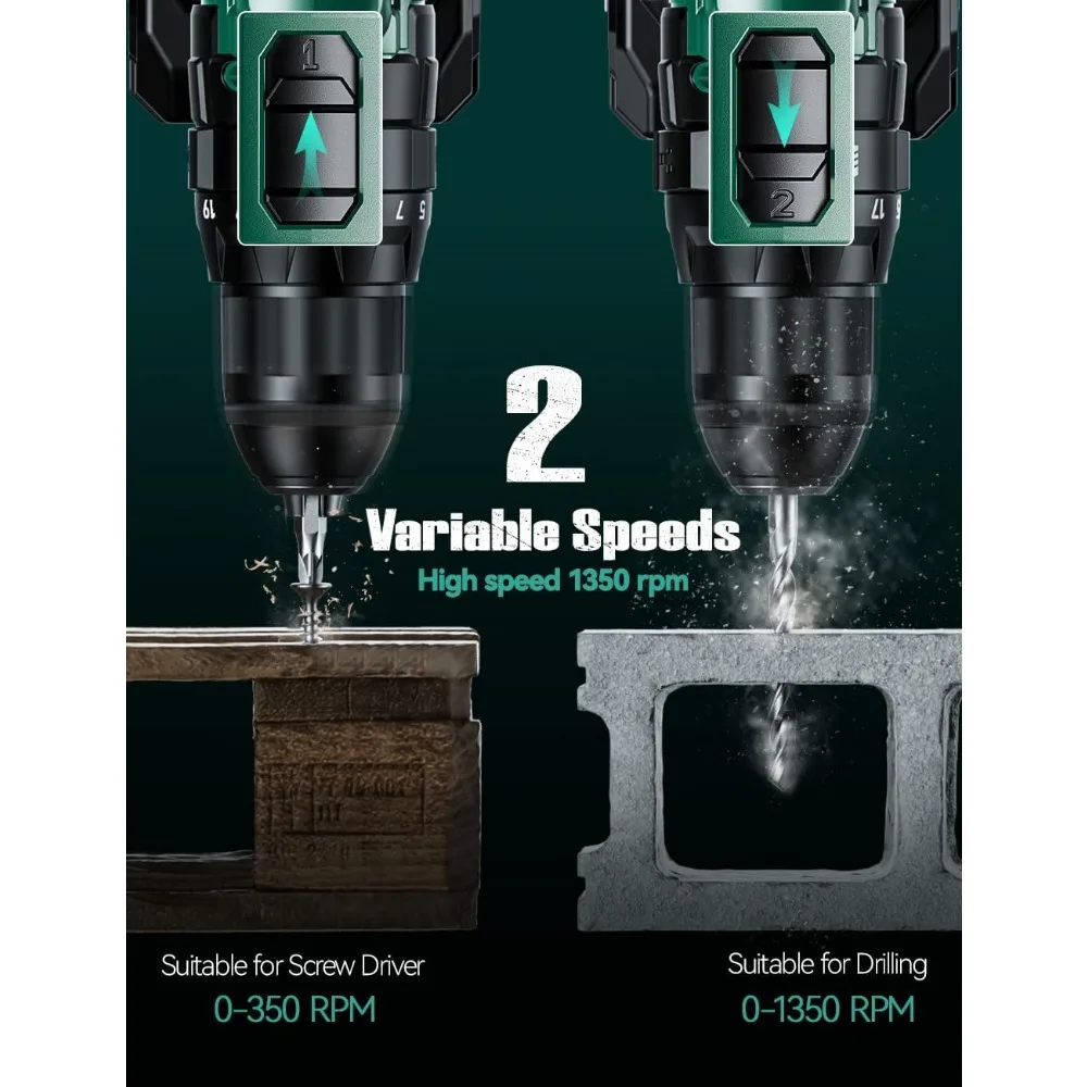 20Vコードレスハンマードリルセット、バッテリー2個付き、トルク350インチポンド、3/8インチキーレスチャック、コンクリートと木材用ビット14個付き