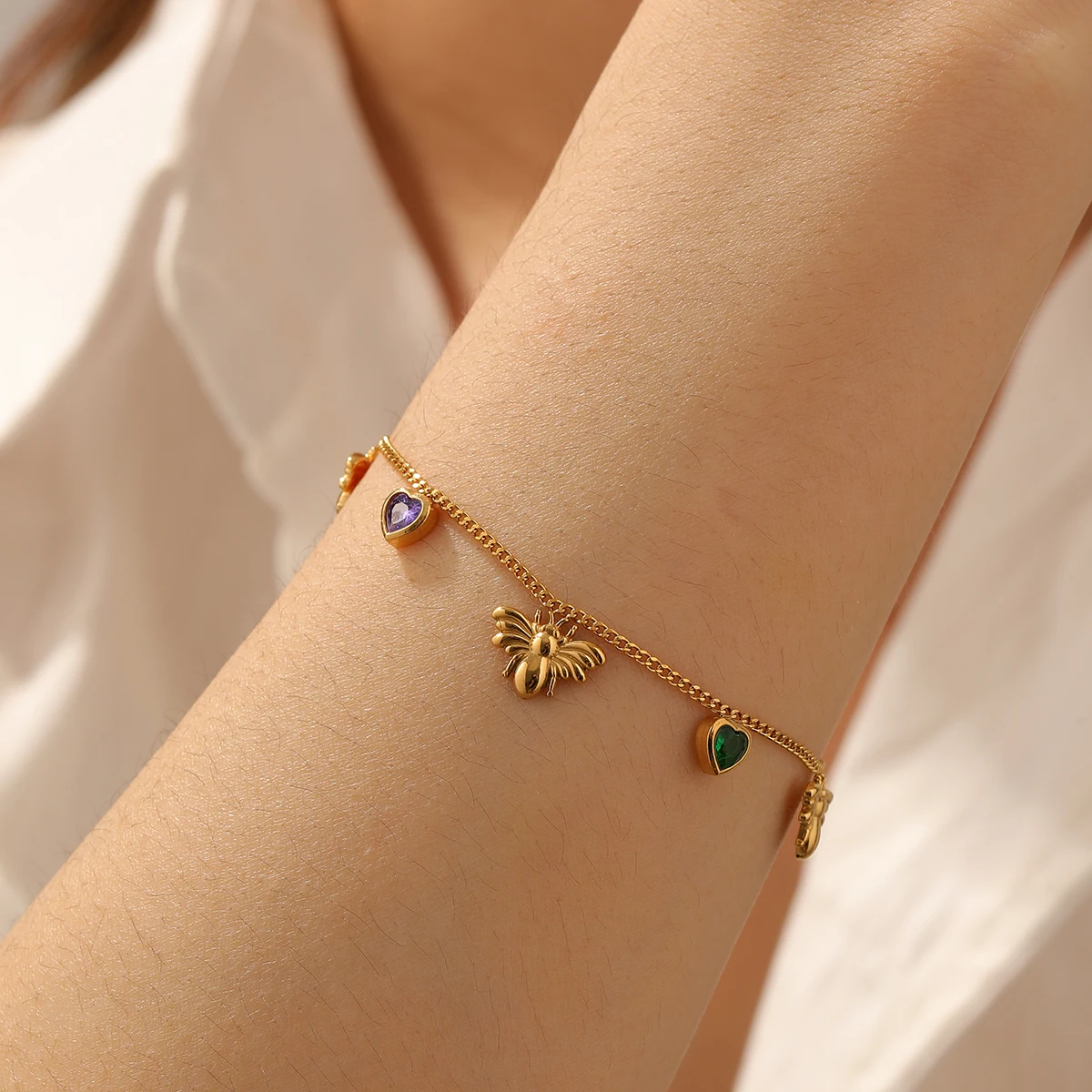 الفولاذ المقاوم للصدأ الملونة جولة الزركون النحل الحشرات القلب سوار سيدة الاتجاه الجديد الكلاسيكية المعصم سلسلة مجوهرات جلامورو