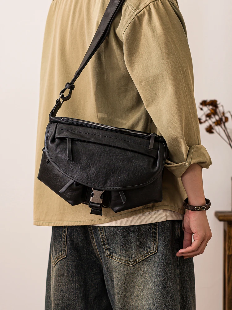 

PNDME organizers designers handmade genuine leather men's crossbody bag outdoor travel luxury cow leather black shoulder bag