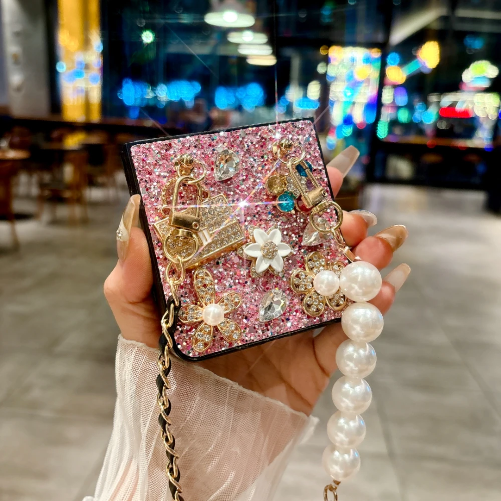 

Luxury Bling Glitter Diamond Pearl Flowers With Lanyard Phone Case For Samsung Z Flip 5 4 3 6 7 Shockproof Flash Drill Cover