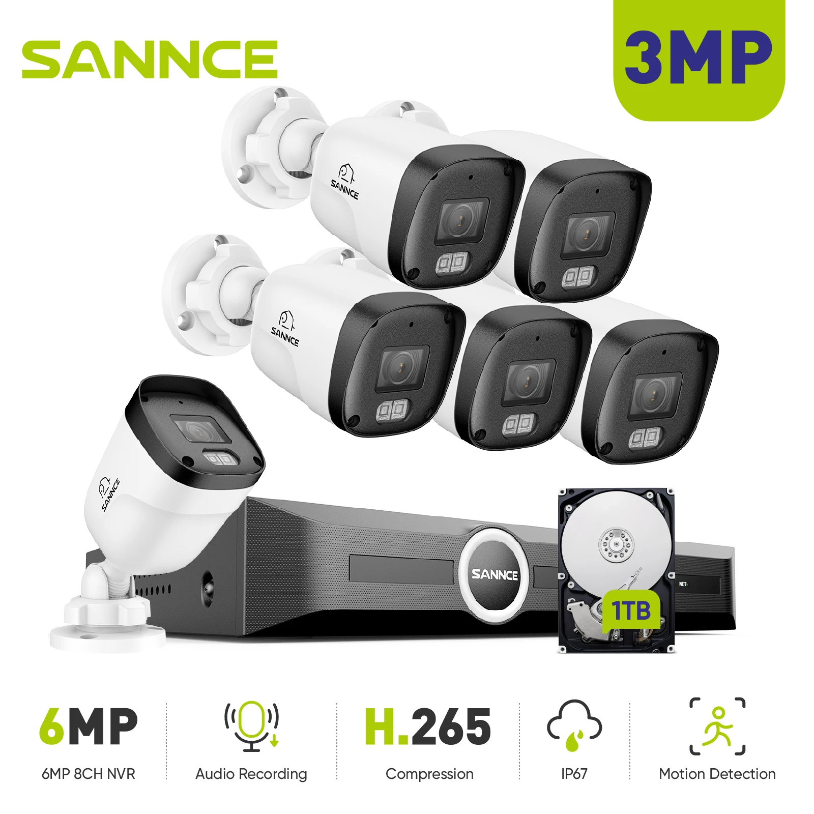 

SANNCE 3MP 8CH NVR Outdoor Surveillance Camera 6PCS Clear Night Vision Motion Detection Alarm POE IP Security Camera System