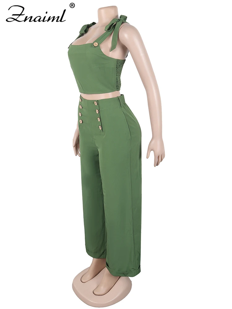 Znaiml-Top corto ajustado con tirantes anchos fruncidos y hombros descubiertos para mujer, pantalón de pierna ancha, ropa de calle de verano, conjuntos a juego, color verde, 2 piezas