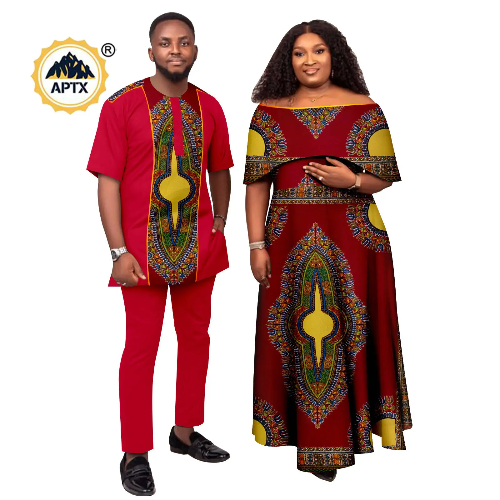 African Metallic Print Dresses for Women Matching Couple Clothes Men Outfits Dashiki Bright Silk Top Shirt and Pant Sets 24C075