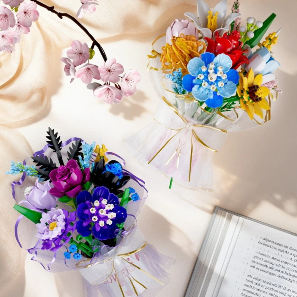 MOC Spring Love Poem Flower Building Block Set Romantic Hand-Held Ornament Bouquet DIY Toy Children Holiday Valentine's Day Gift