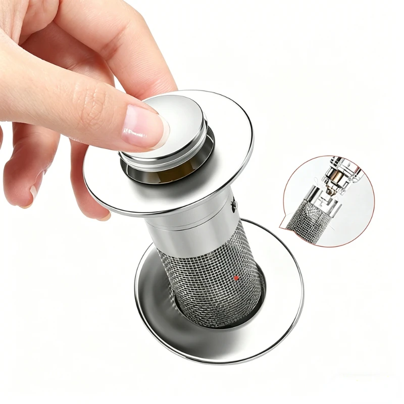1 unidad de tapón de desagüe para lavabo de acero inoxidable, antiolores, con núcleo de rebote y tipo de presión, accesorio universal para lavabo
