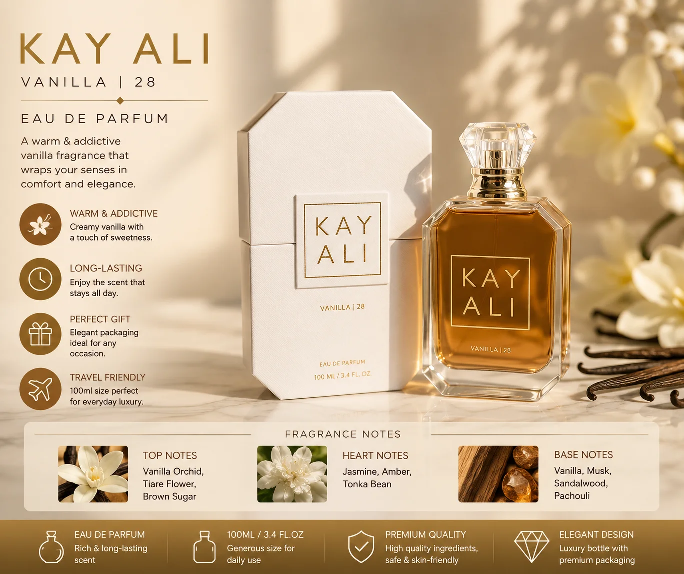 

KAYALI Vanilla 28 Eau De Parfum 100ml Long Lasting Fragrance For Women Sweet Warm Vanilla Scent Luxury Perfume Spray Gift Box