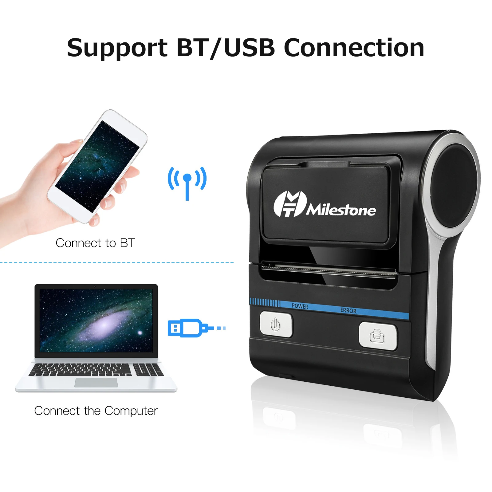 Milestone MHT-P8001 Portable 80mm Thermal Printer BT+USB Dual-mode Connection Built-in Rechargeable Lithium Battery