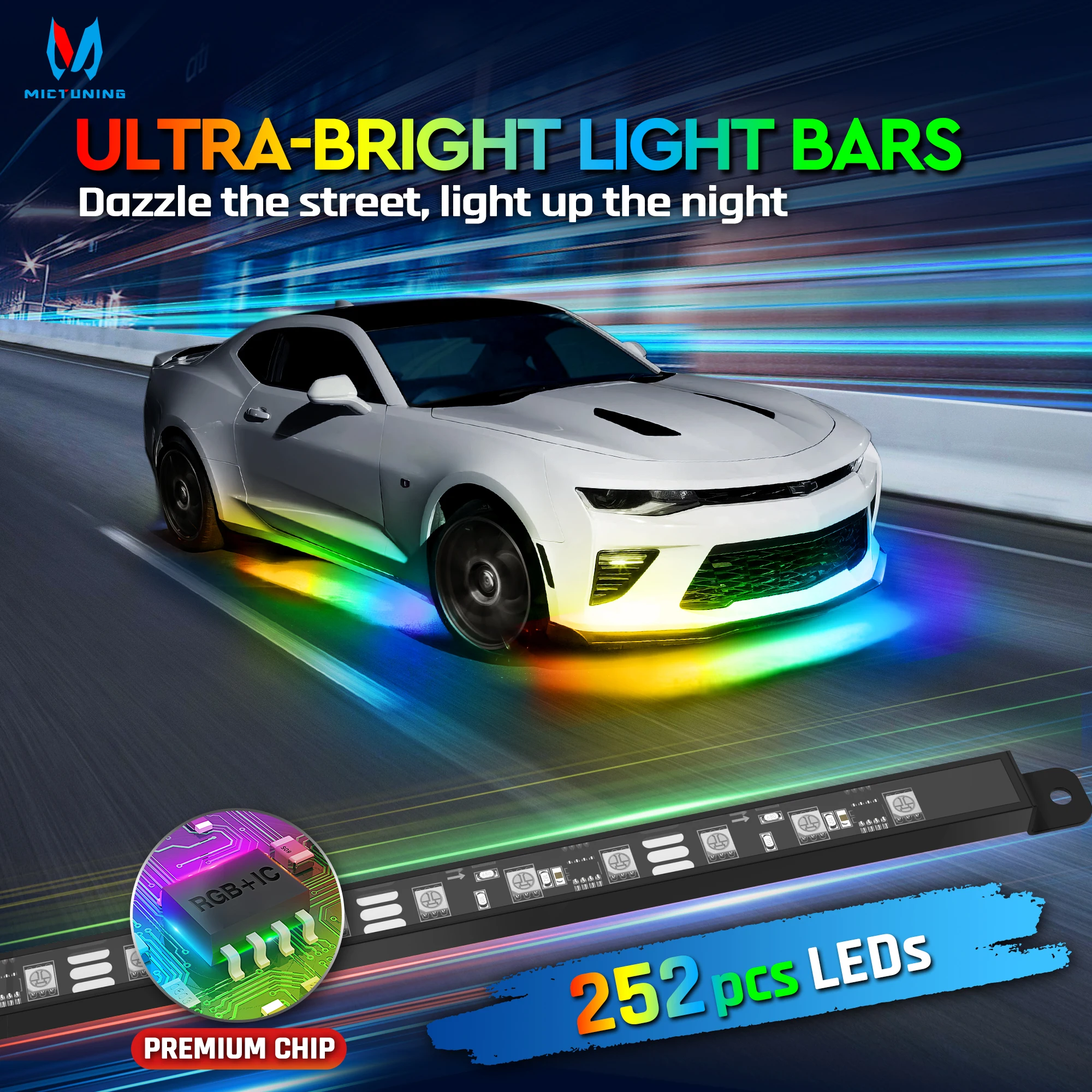 N8 Car Underglow Light Bar Kit,  RGB+IC LED, Exterior Underbody Multicolor Neon Light Strip, Wireless App & Remote Control