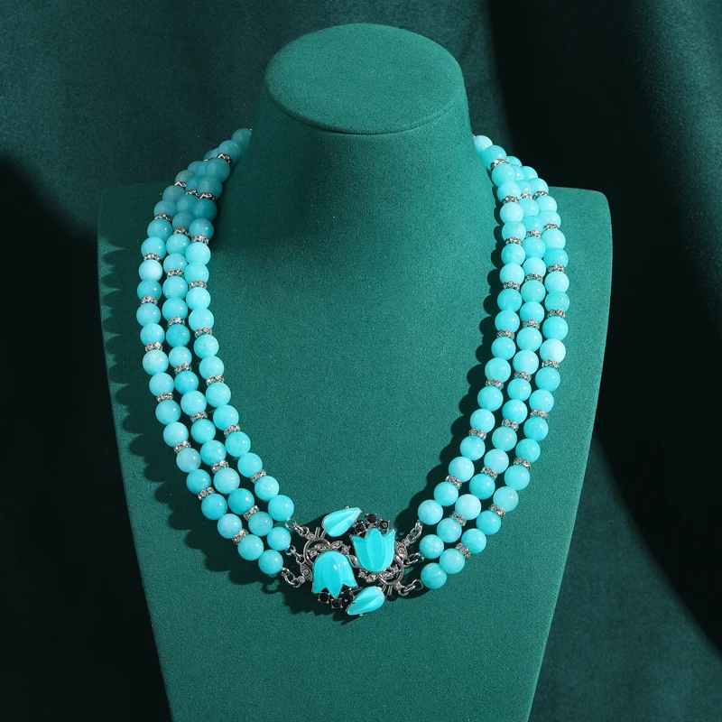 

Vintage Lasser Glass Magnolia Layer Blue Beads Magnolia Chokers Necklaces Collar for Women Antique Jewelry Party Accessories New