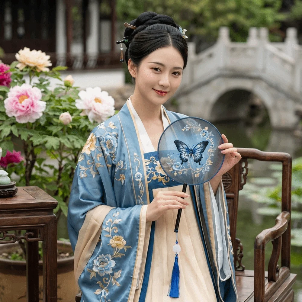 Chinese Style Double Sided Embroidery Fan Long Handle Classical Vintage Hand Fan with Tassel Semi-Transparent