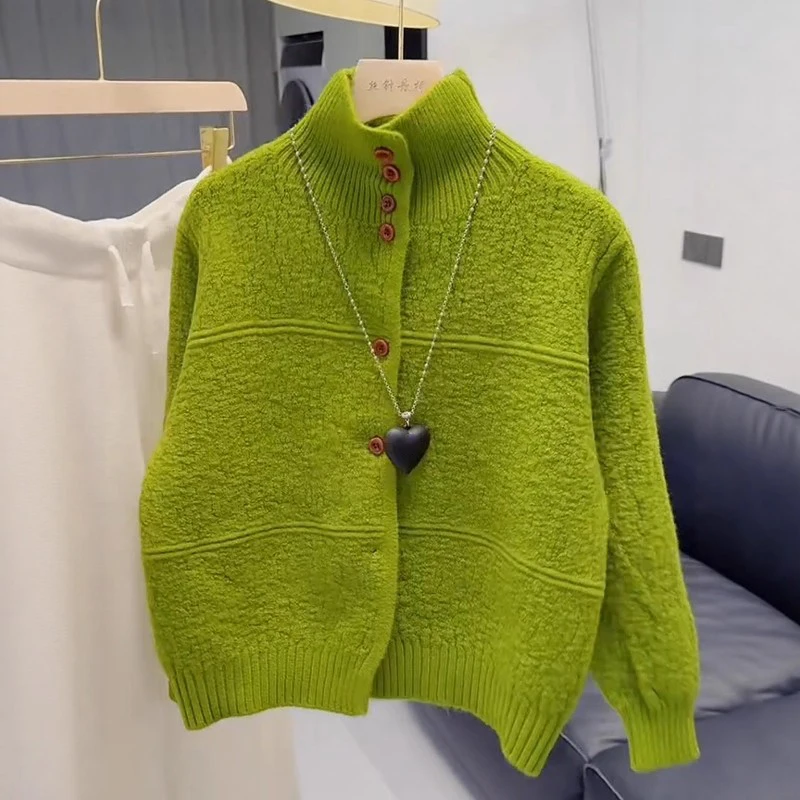 

Women's Sweater Cardigan Autumn Winter NewRetro Loose Stand Collar Sweaters Coats Korean Solid Color Versatile Knitted Top