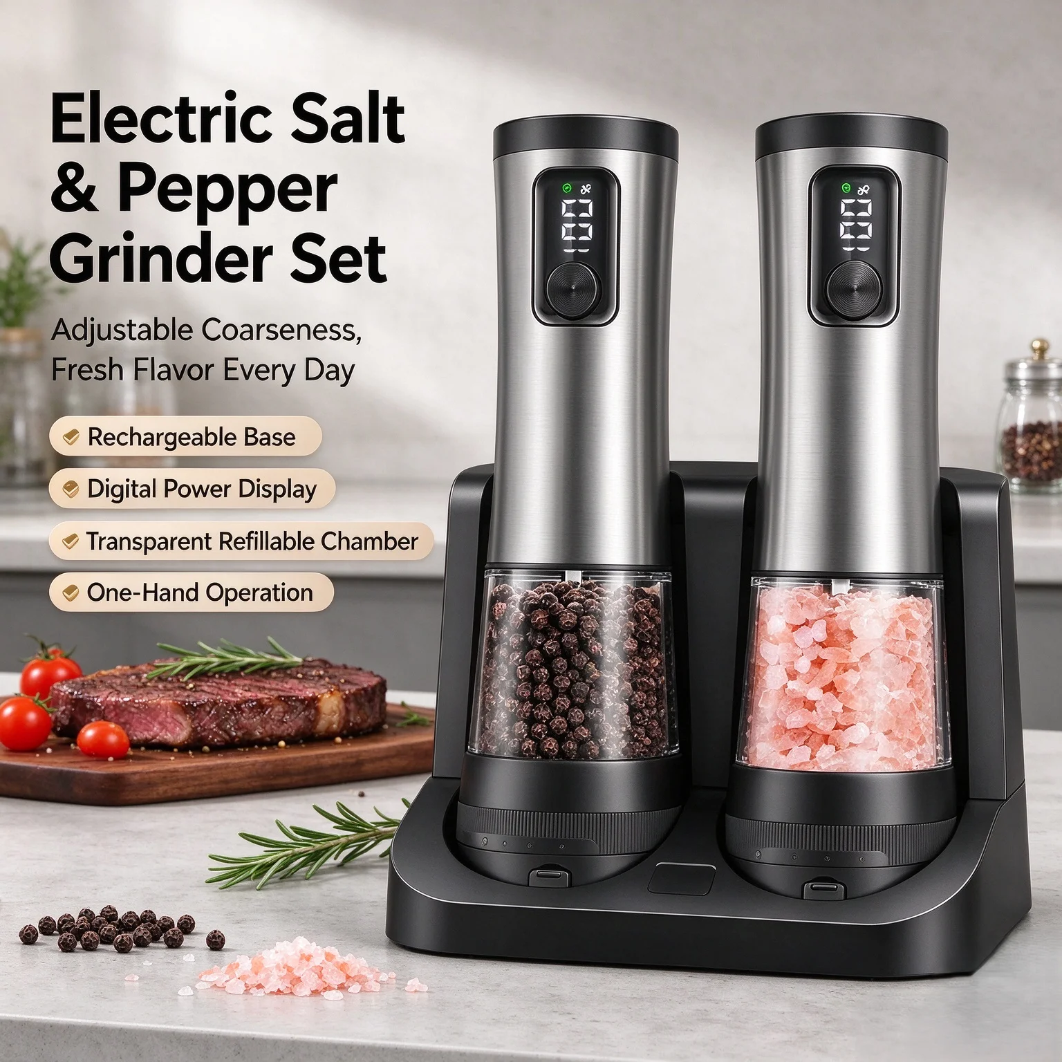Automatic Salt and Pepper Grinder with Rechargeable Base and LED Display, Externally Adjustable Coarseness, Spice Processing Too